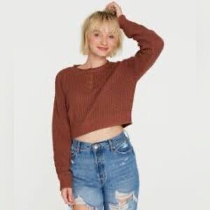 Aeropostale Waffle-Knit Cropped Henley sweater
